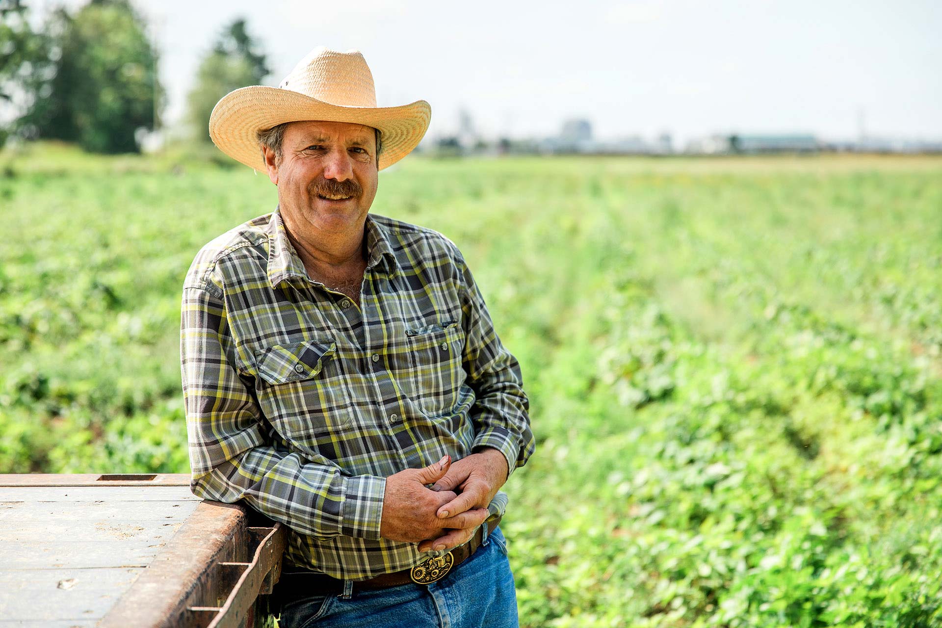 Smiling strawberry farmer leaning on a truck in front of a strawberry field